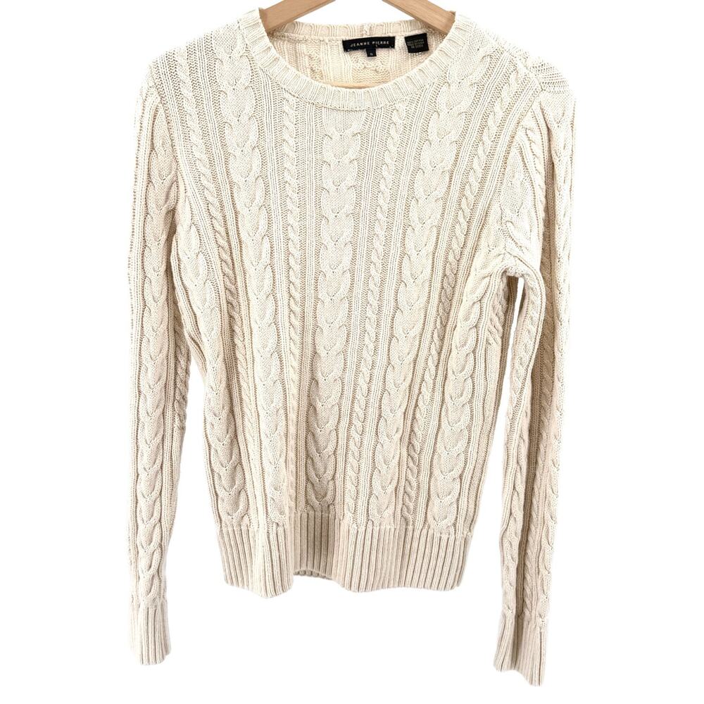 Jeanne Pierre Cream 100% Cotton Cable Knit Crewneck Sweater